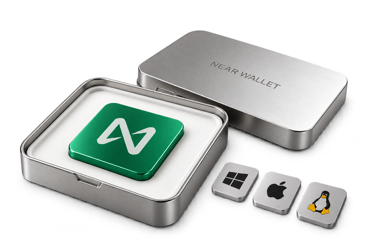An open brushed aluminium case holding an emerald NEAR tile, alongside Windows, macOS and Linux badges